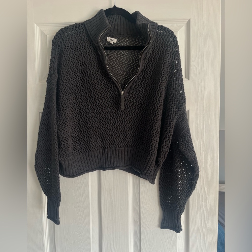 aerie Black Open-Knit Cropped Half-Zip Sweater charcoal gray
